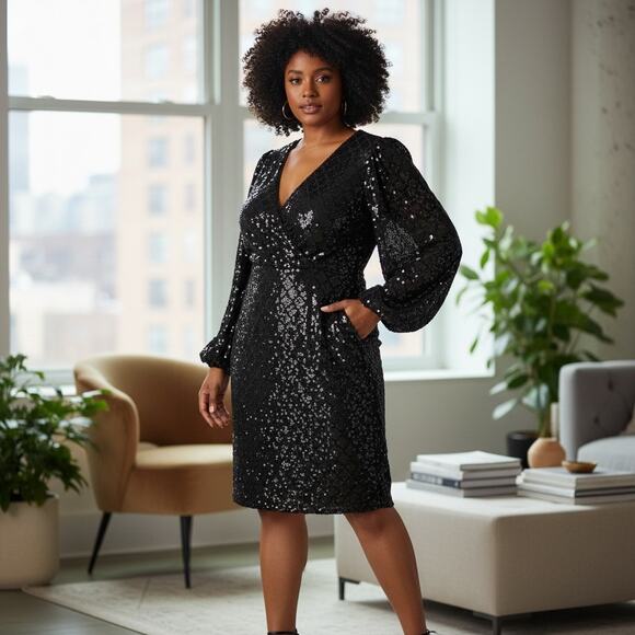 Torrid Black Sequin Velour Midi Dress Pockets Size 12 Cocktail Party Holiday - Picture 1 of 16